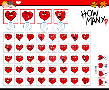 Illustration of Educational Counting Task for Children with Cartoon Hearts Valentine Characters