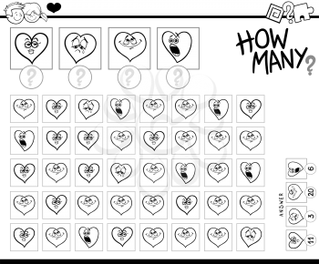 Black and White Illustration of Educational Counting Task for Children with Cartoon Hearts Valentine Characters Coloring Book