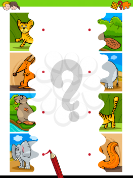 Cartoon Illustration of Educational Pictures Matching Game for Children with Jigsaw Puzzles of Funny Wild Animals