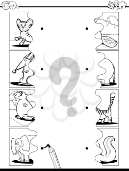 Black and White Cartoon Illustration of Educational Pictures Matching Game for Children with Jigsaw Puzzles of Funny Wild Animals Worksheet