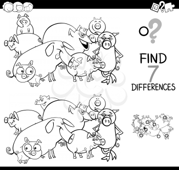 Black and White Cartoon Illustration of Finding Seven Differences Between Pictures Educational Activity Game for Kids with Pigs Farm Animal Characters Group Coloring Book