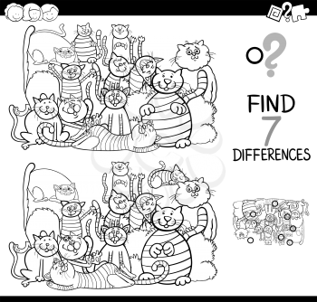 Black and White Cartoon Illustration of Finding Seven Differences Between Pictures Educational Activity Game for Children with Cats Animal Characters Group Coloring Book