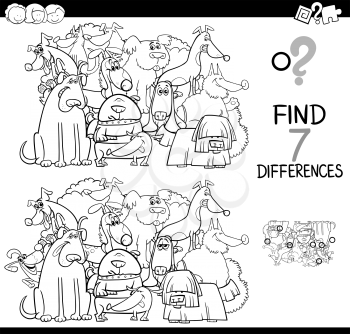 Black and White Cartoon Illustration of Finding Seven Differences Between Pictures Educational Activity Game for Children with Dogs Animal Characters Group Coloring Book