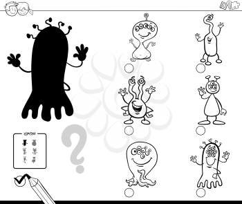 Black and White Cartoon Illustration of Finding the Shadow without Differences Educational Activity for Children with Alien Characters Coloring Book