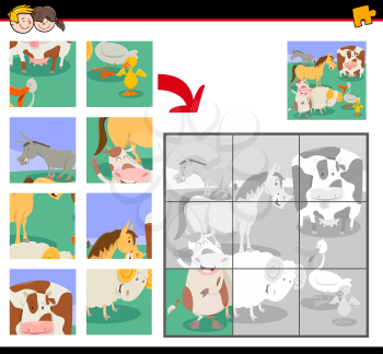 Cartoon Illustration of Educational Jigsaw Puzzle Activity Game for Children with Cute Farm Animals Group