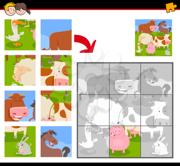 Cartoon Illustration of Educational Jigsaw Puzzle Activity Game for Children with Happy Farm Animals Group