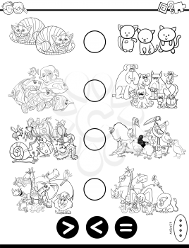Black and White Cartoon Illustration of Educational Mathematical Puzzle Game of Greater Than, Less Than or Equal to for Children with Animal Characters Coloring Book