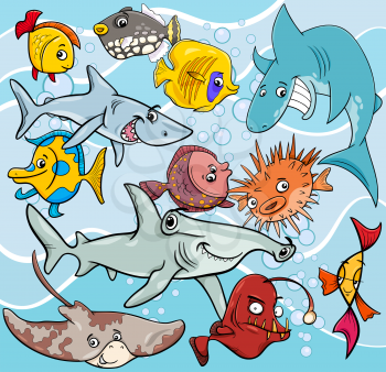 Cartoon Illustrations of Fish Sea Life Animal Characters Group