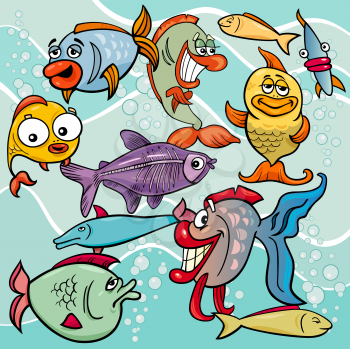 Cartoon Illustrations of Comic Fish Sea Life Animal Characters Group
