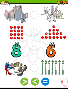 Cartoon Illustration of Educational Mathematical Puzzle Game of Greater Than, Less Than or Equal to for Children