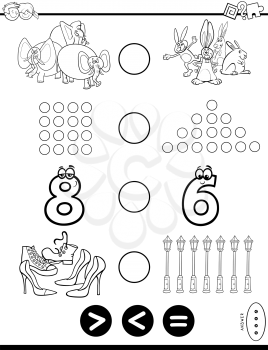 Black and White Cartoon Illustration of Educational Mathematical Puzzle Game of Greater Than, Less Than or Equal to for Children Coloring Book