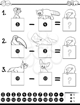 Black and White Cartoon Illustration of Educational Mathematical Subtraction Puzzle Game for Preschool and Elementary Age Children with Funny Animal Characters Coloring Book