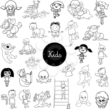 Black and White Cartoon Illustration of Children and Babies Characters Large Set