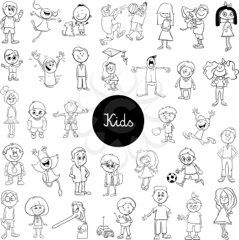 Black and White Cartoon Illustration of Children and Teenagers Characters Large Set