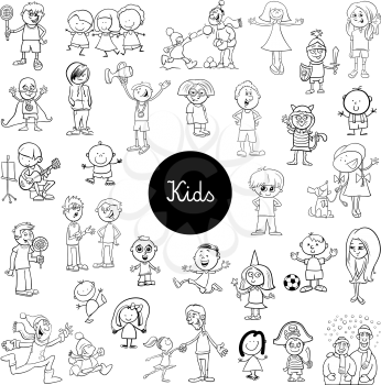 Black and White Cartoon Illustration of Kids and Teenagers Characters Large Set