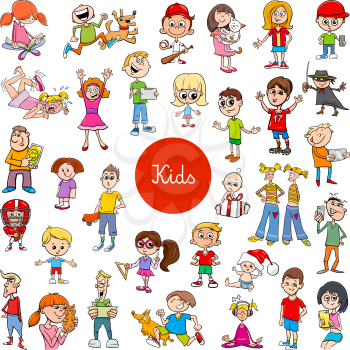 Cartoon Illustration of Kids and Teens Characters Large Set