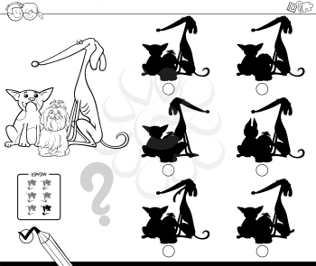 Black and White Cartoon Illustration of Finding the Shadow without Differences Educational Activity for Children with Funny Dogs Animal Characters Coloring Book