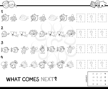 Black and White Cartoon Illustration of Completing the Pattern Educational Game for Preschool Children with Sea Life Animal Characters Coloring Book