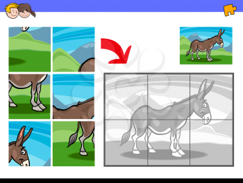 Cartoon Illustration of Educational Jigsaw Puzzle Activity Game for Children with Funny Donkey Farm Animal Character