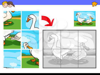 Cartoon Illustration of Educational Jigsaw Puzzle Activity Game for Children with Goose and Duck Farm Animal Characters