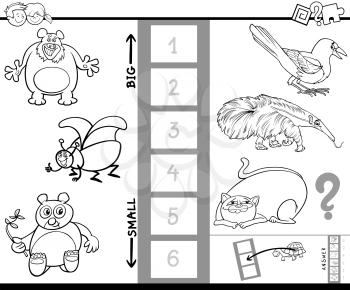 Black and White Cartoon Illustration of Educational Game of Finding the Biggest and the Smallest Animal Species Characters for Children Coloring Book