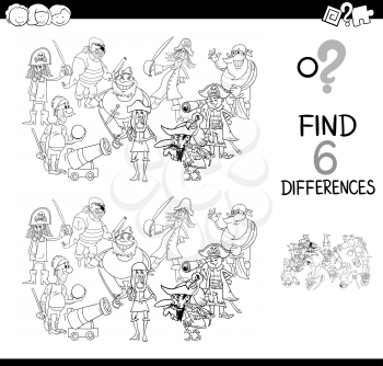 Black and White Cartoon Illustration of Find and Spot Six Differences Between Pictures Educational Activity Game for Kids with Pirates Fantasy Characters Group Coloring Book