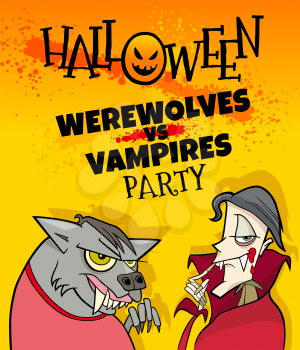 Cartoon Illustration of Halloween Holiday Event Poster or Banner Design with Comic Vampire and Werewolf Characters