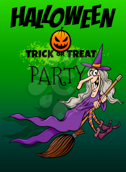 Cartoon Illustration of Halloween Holiday Party Poster or Banner Design with Comic Witch Character