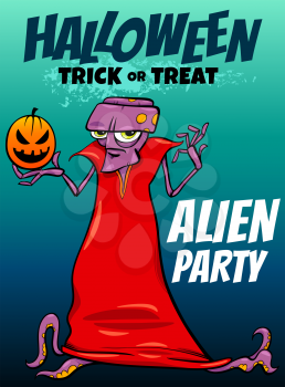 Cartoon Illustration of Halloween Holiday Party Poster or Banner Design with Comic Alien Character