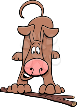 Cartoon Illustration of Happy Brown Dog Comic Animal Character Playing with Stick
