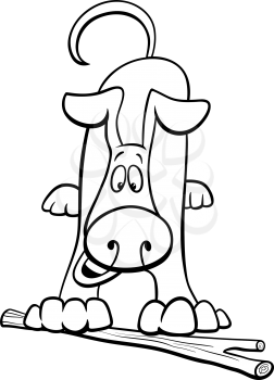 Black and White Cartoon Illustration of Happy Brown Dog Comic Animal Character Playing with Stick Coloring Book Page
