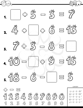 Black and White Cartoon Illustration of Educational Mathematical Calculation Worksheet for Elementary School Children