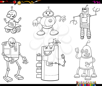 Black and White Cartoon Illustration of Comic Robots Characters Set Coloring Book Page
