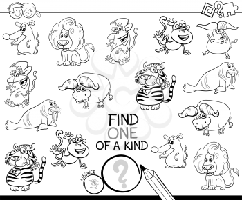 Black and White Cartoon Illustration of Find One of a Kind Picture Educational Activity Game for Children with Wild Animal Characters Coloring Book