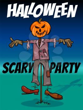 Cartoon Illustration of Halloween Holiday Party Poster or Banner Design with Comic Scarecrow Characters