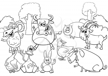 Black and White Cartoon Illustration of Funny Farm Animals Comic Characters Group Coloring Book Page