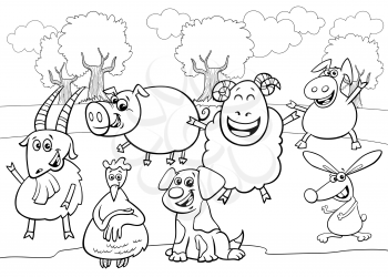 Black and White Cartoon Illustration of Cute Farm Animals Comic Characters Group Coloring Book Page