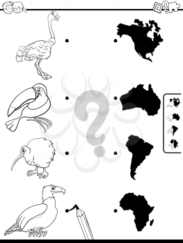 Black and White Cartoon Illustration of Educational Pictures Matching Game for Children with Animal Characters and Continents Shapes Coloring Book