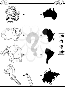 Black and White Cartoon Illustration of Educational Pictures Matching Game for Children with Animal Characters and Continent Shapes Coloring Book