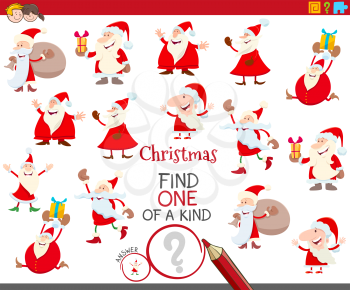 Cartoon Illustration of Find One of a Kind Picture Educational Activity Game for Children with Santa Claus Christmas Characters