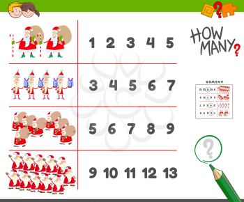 Cartoon Illustration of Educational Counting Task for Children with Funny Santa Claus Christmas Characters