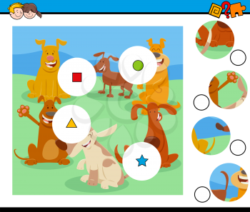 Cartoon Illustration of Educational Match the Pieces Jigsaw Puzzle Game for Children with Dogs and Puppies Animal Characters