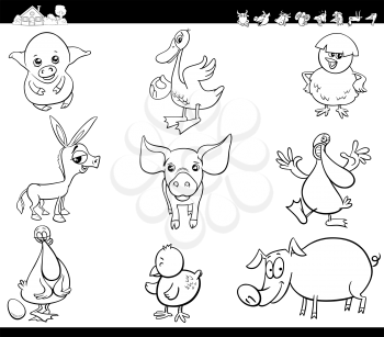 Black and White Cartoon Illustration of Funny Comic Farm Animal Characters Set Coloring Book