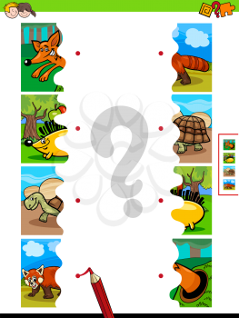 Cartoon Illustration of Educational Pictures Matching Game for Children with Jigsaw Puzzles of Funny Wild Animal Characters