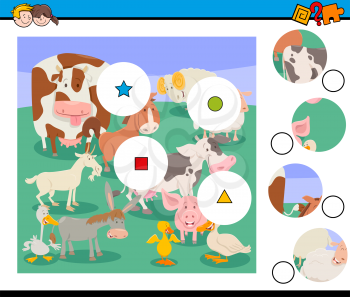 Cartoon Illustration of Educational Match the Pieces Jigsaw Puzzle Game for Children with Cute Farm Animal Characters Group
