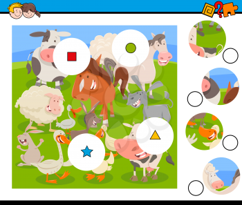 Cartoon Illustration of Educational Match the Pieces Jigsaw Puzzle Game for Children with Farm Animals