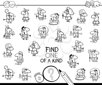 Black and White Cartoon Illustration of Find One of a Kind Picture Educational Activity Game for Children with Professional People Characters Coloring Book