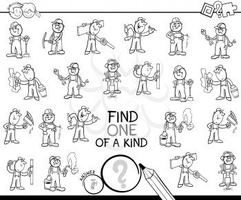 Black and White Cartoon Illustration of Find One of a Kind Picture Educational Activity Game for Children with Professional Worker Characters Coloring Book
