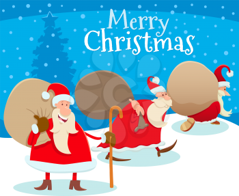 Cartoon Illustration of Christmas Design or Greeting Card with Happy Santa Claus Characters with Bag of Presents