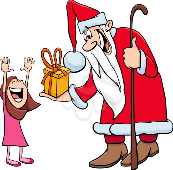 Cartoon Illustration of Santa Claus Christmas Character with Happy Little Girl